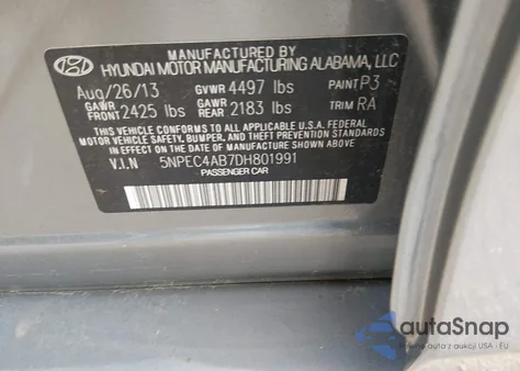 2013 Hyundai Sonata Se 2.0T из США, поврежденный, VIN 5NPEC4AB7DH801991